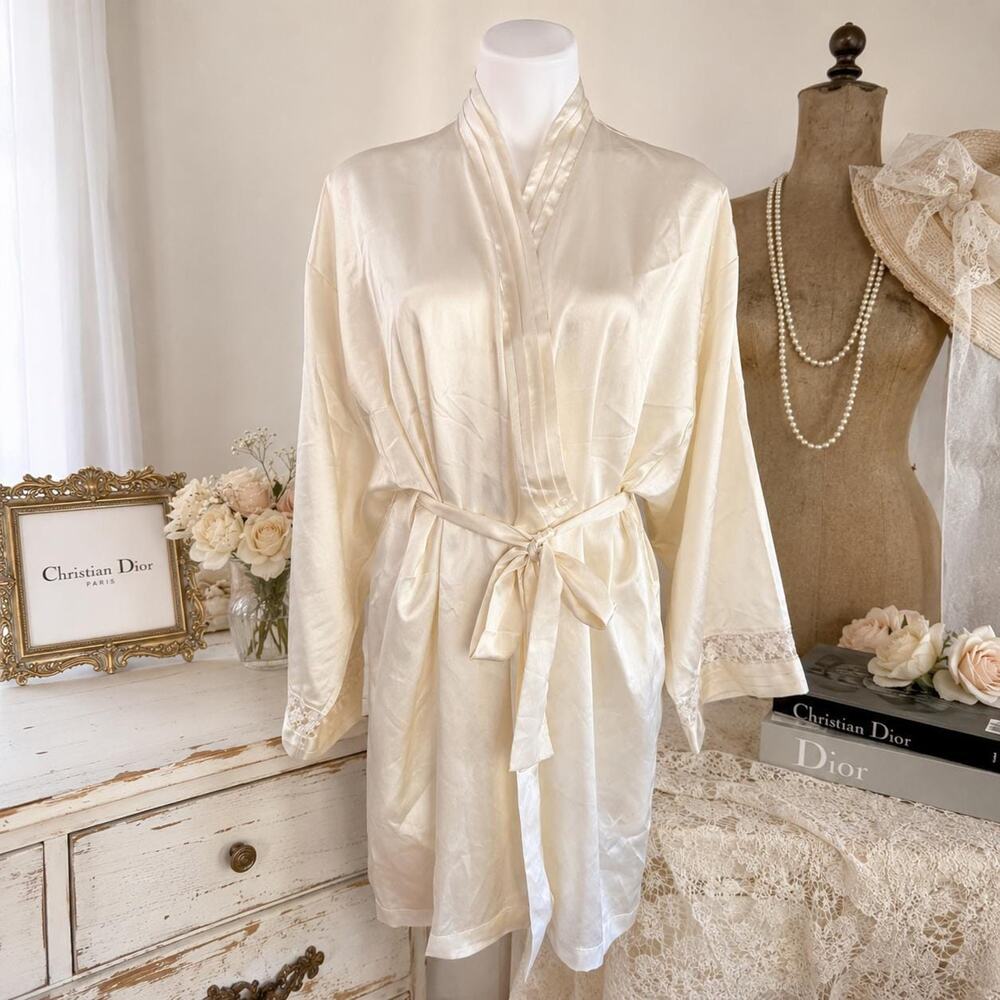 Vintage Christian Dior Ivory Satin Wrap Robe Kimono Lace Cuff Bridal Medium